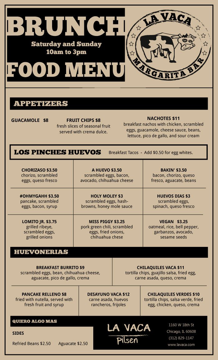 Brunch Menu for La Vaca Restaurant